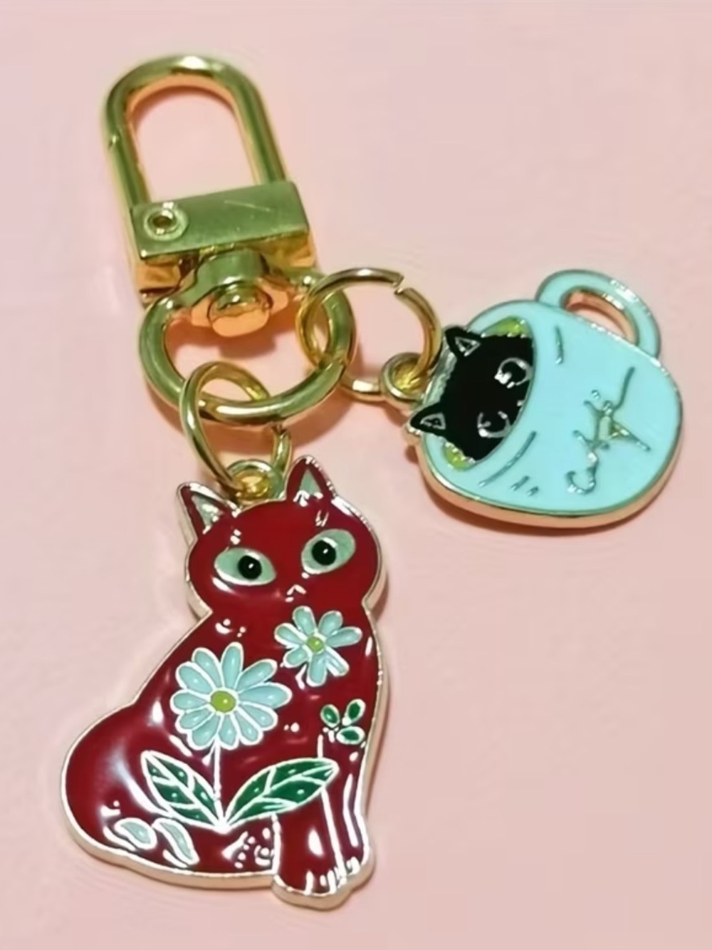 Red Cat Keychain with White Flowers and Mint Cup Charm NEW
